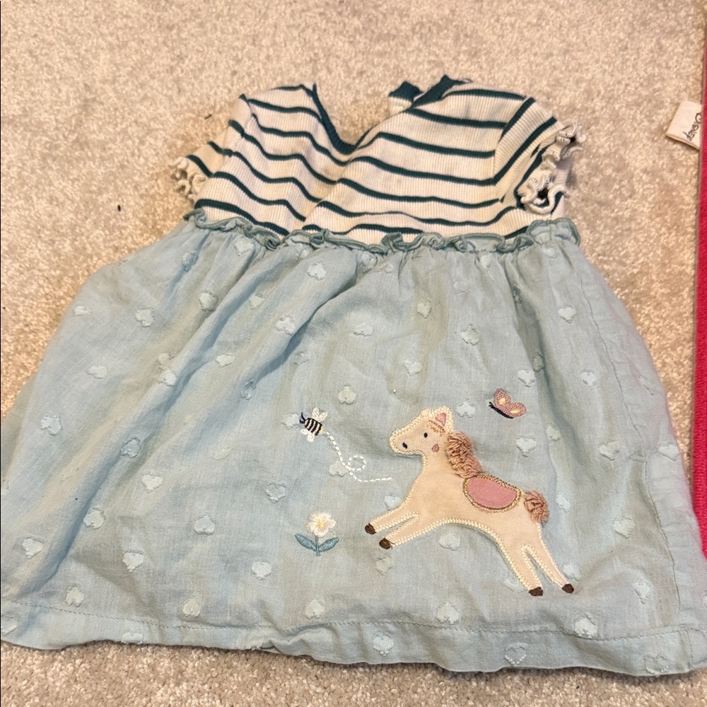 Blue and White Striped Kids Dress with Horse Embroidery